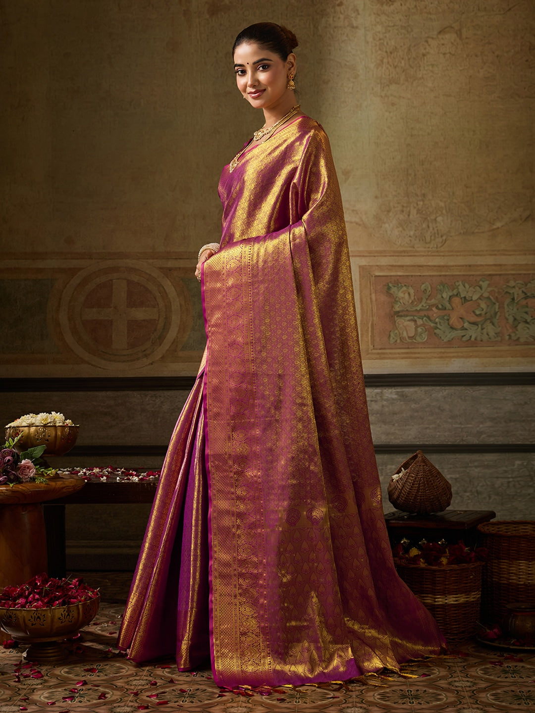 Peachmode Wine Kanchivaram Silk Woven Saree - Image 3