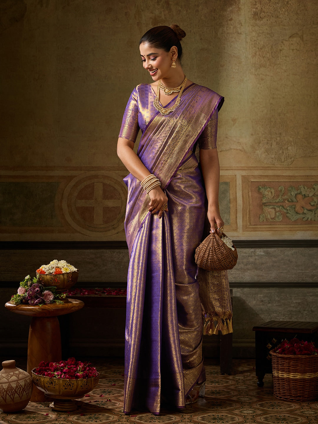 Peachmode Purple Kanchivaram Silk Woven Saree - Image 1