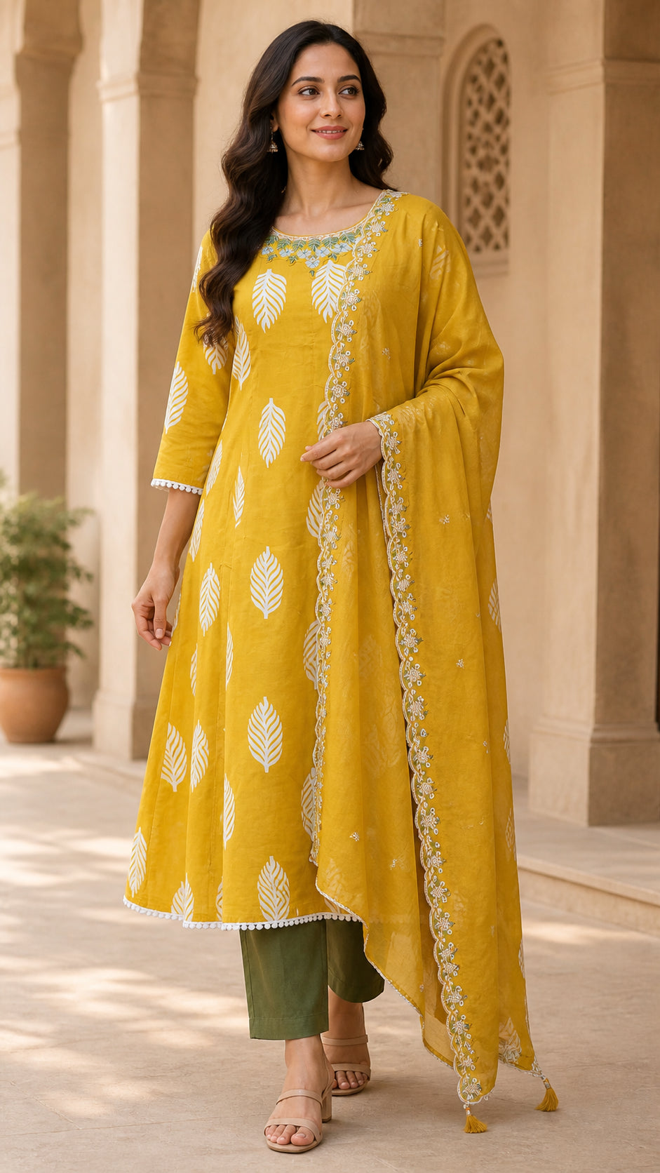 Peachmode Mustard Pure Cotton Embroidered Anarkali Salwar Suit - Image 1