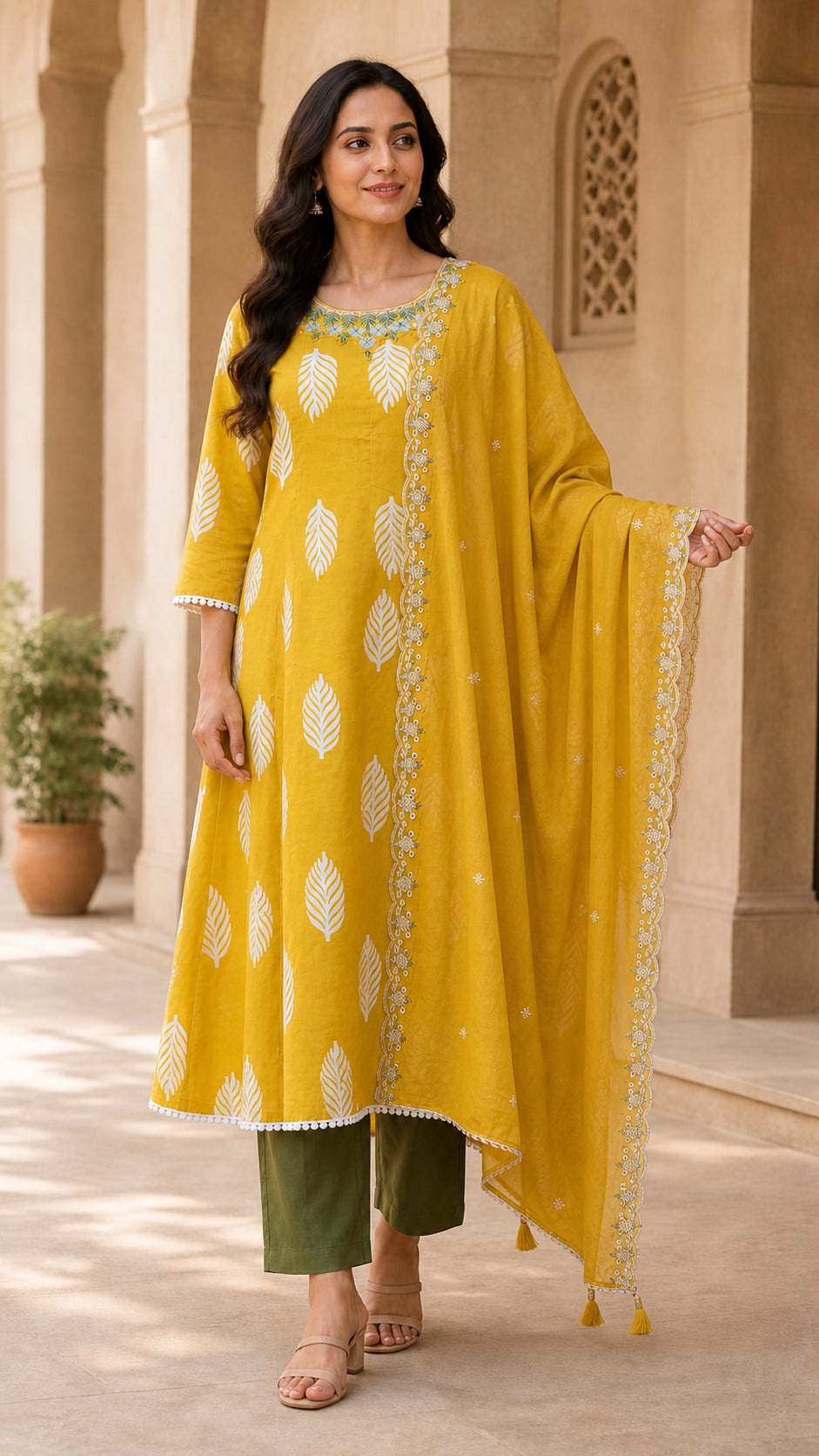 Peachmode Mustard Pure Cotton Embroidered Anarkali Salwar Suit - Image 5