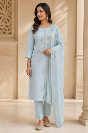 Peachmode Light Blue Viscose Blend Beaded Embroidered Salwar Suit - Image 1