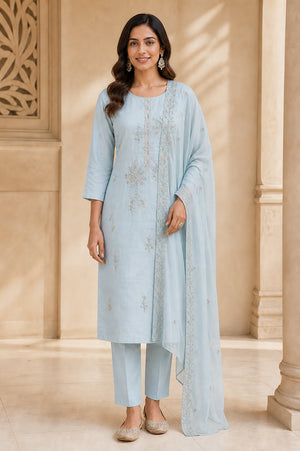 Peachmode Light Blue Viscose Blend Beaded Embroidered Salwar Suit - Image 2