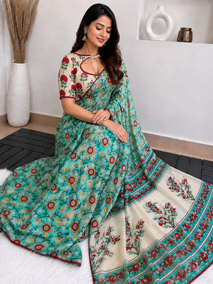 Peachmode Teal Mirror Work Printed Georgette Saree - Image 2