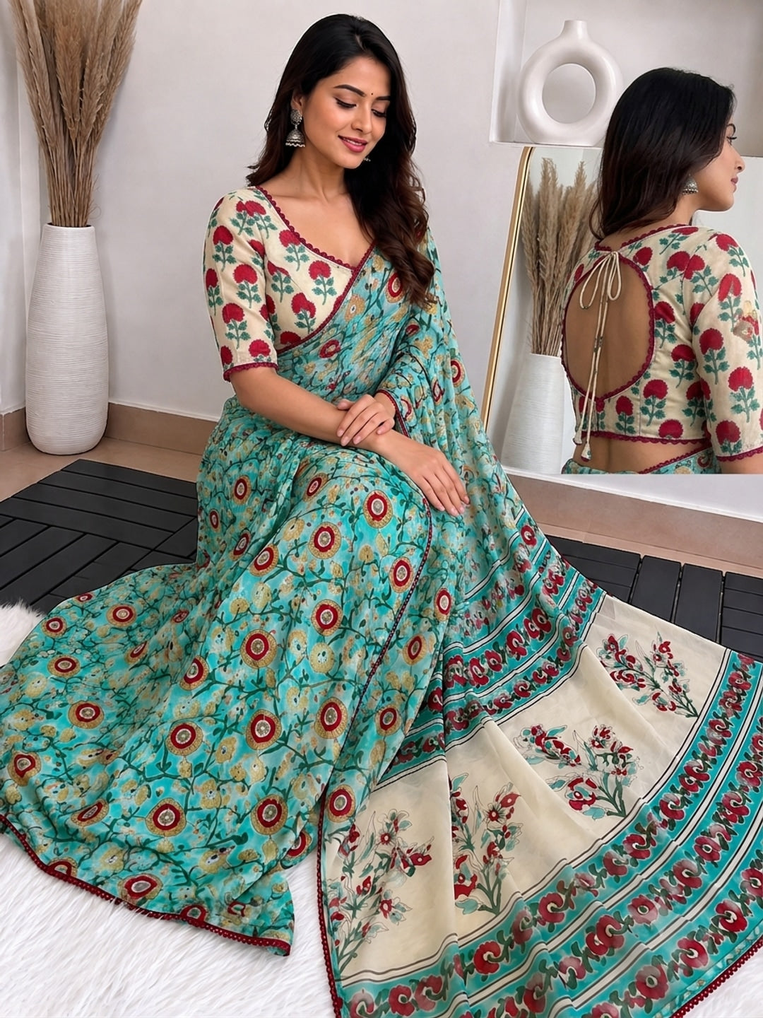 Peachmode Teal Mirror Work Printed Georgette Saree - Image 3