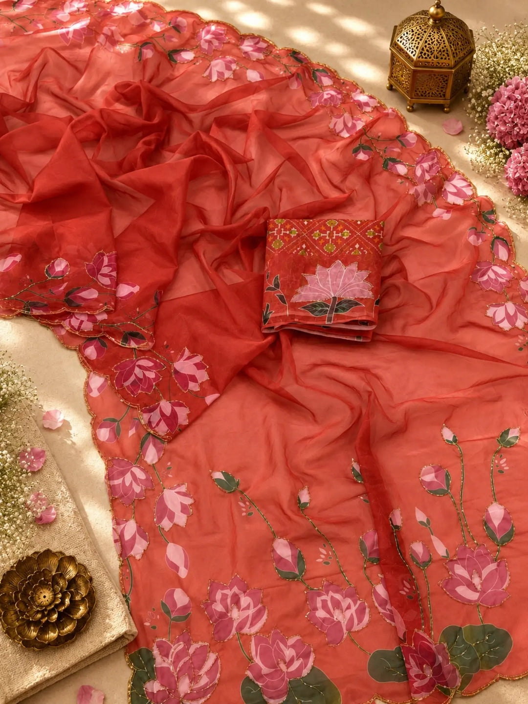 Peachmode Red Floral Handwork Fendy Silk Saree - Image 2
