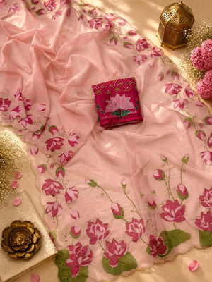 Peachmode Pink Floral Handwork Fendy Silk Saree - Image 2