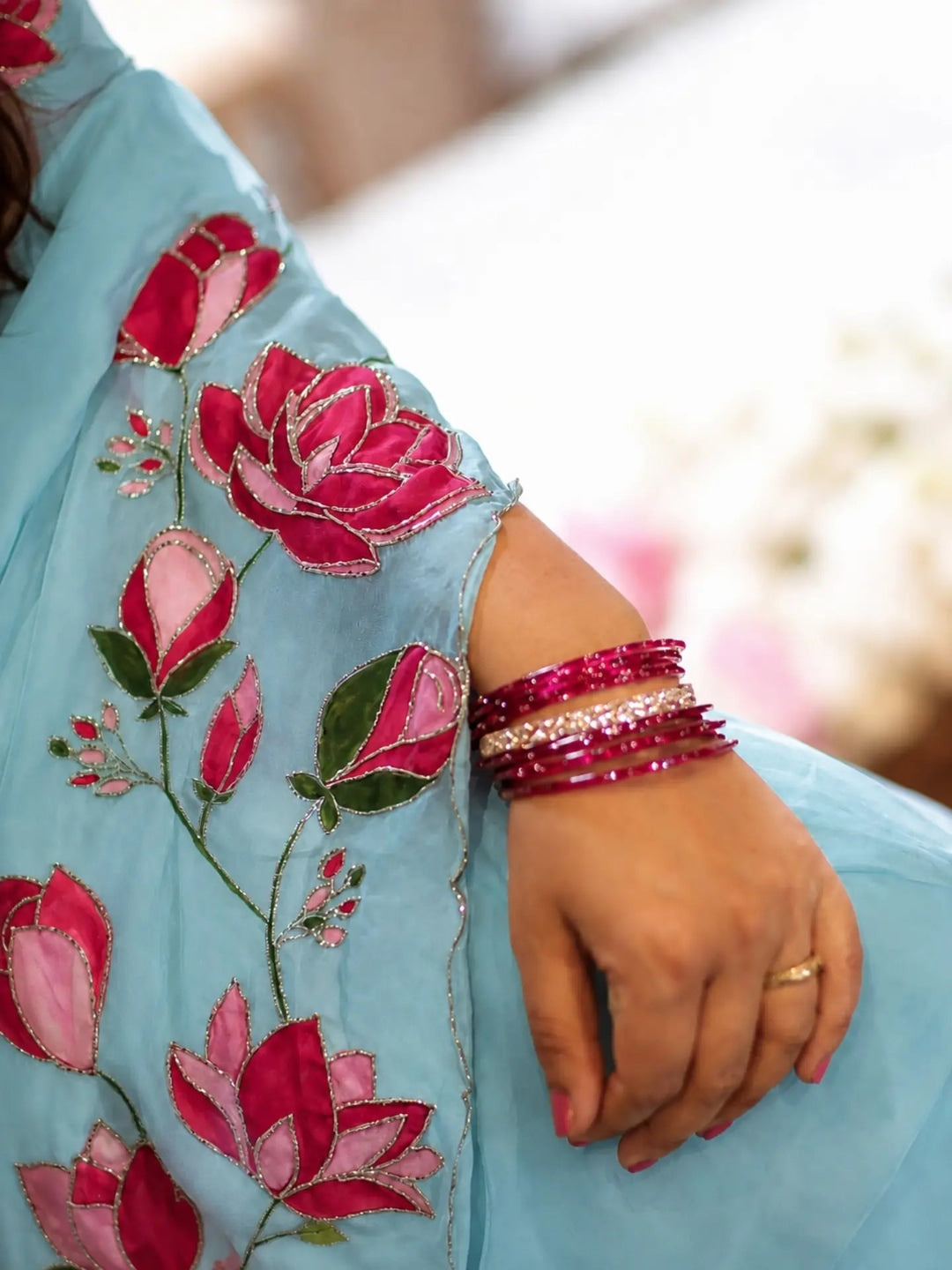 Peachmode Light Blue Floral Handwork Fendy Silk Saree - Image 3
