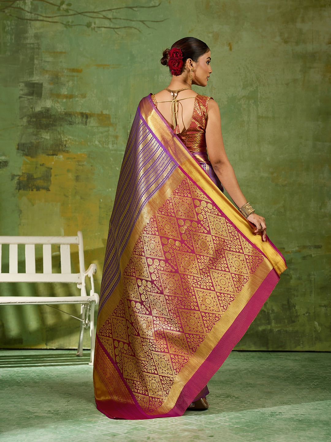 Peachmode Lavender Kanchivaram Silk Woven Saree - Image 3