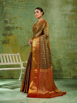 Peachmode Brown Kanchivaram Silk Woven Saree - Image 2