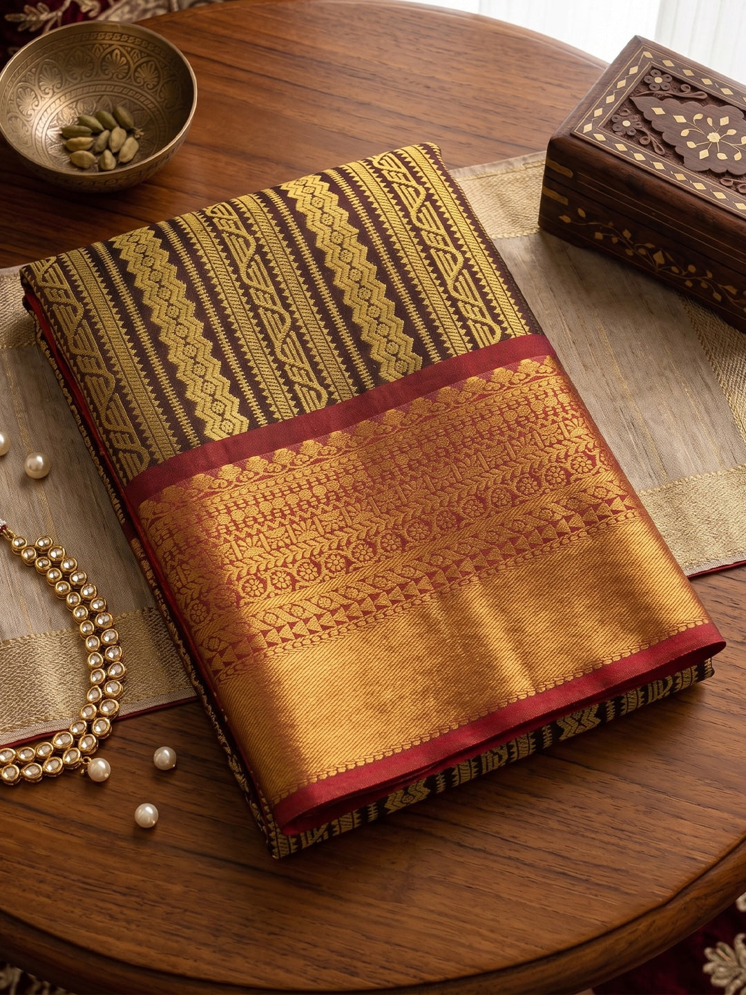 Peachmode Brown Kanchivaram Silk Woven Saree - Image 5