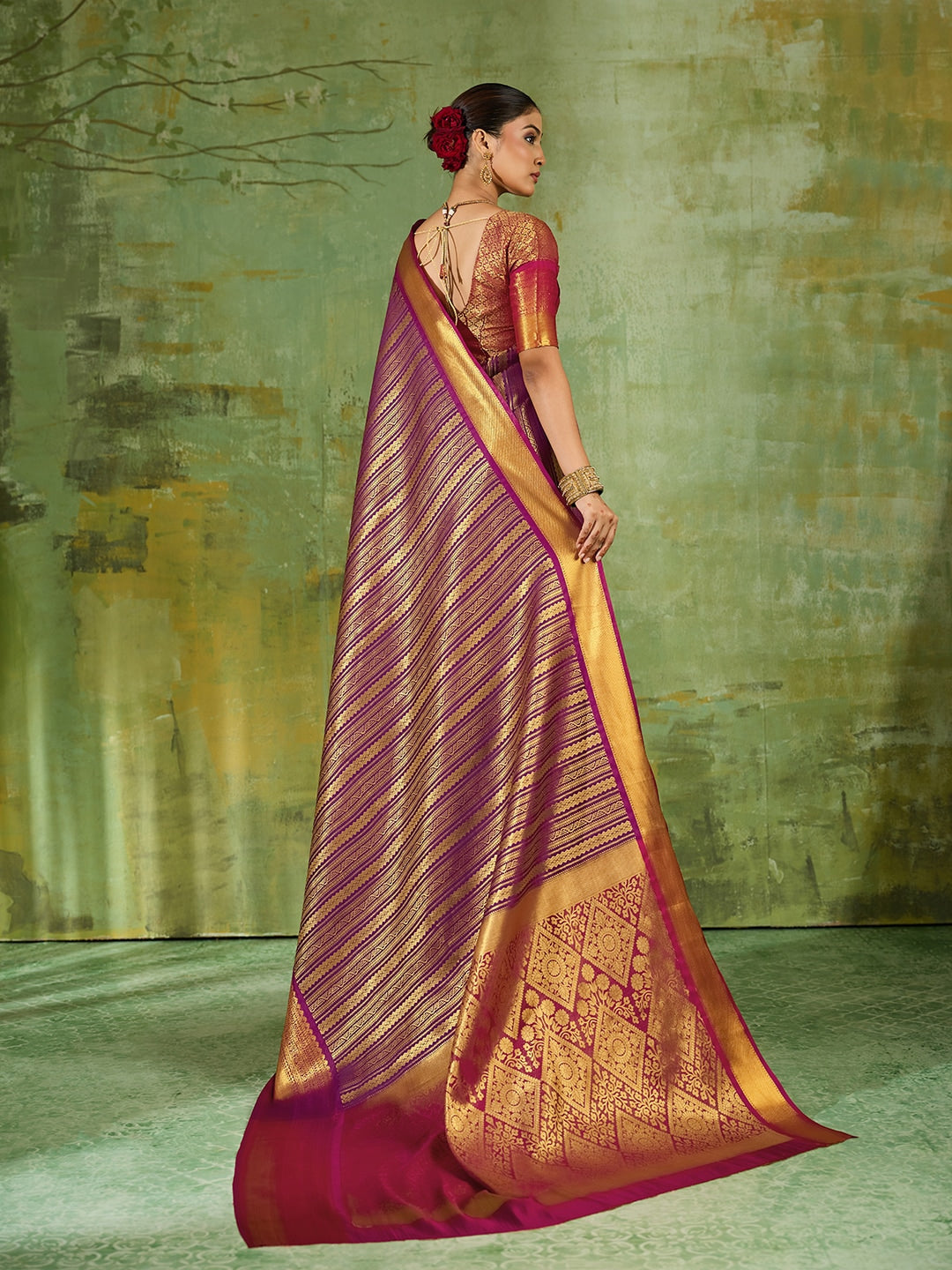 Peachmode Purple Kanchivaram Silk Woven Saree - Image 3