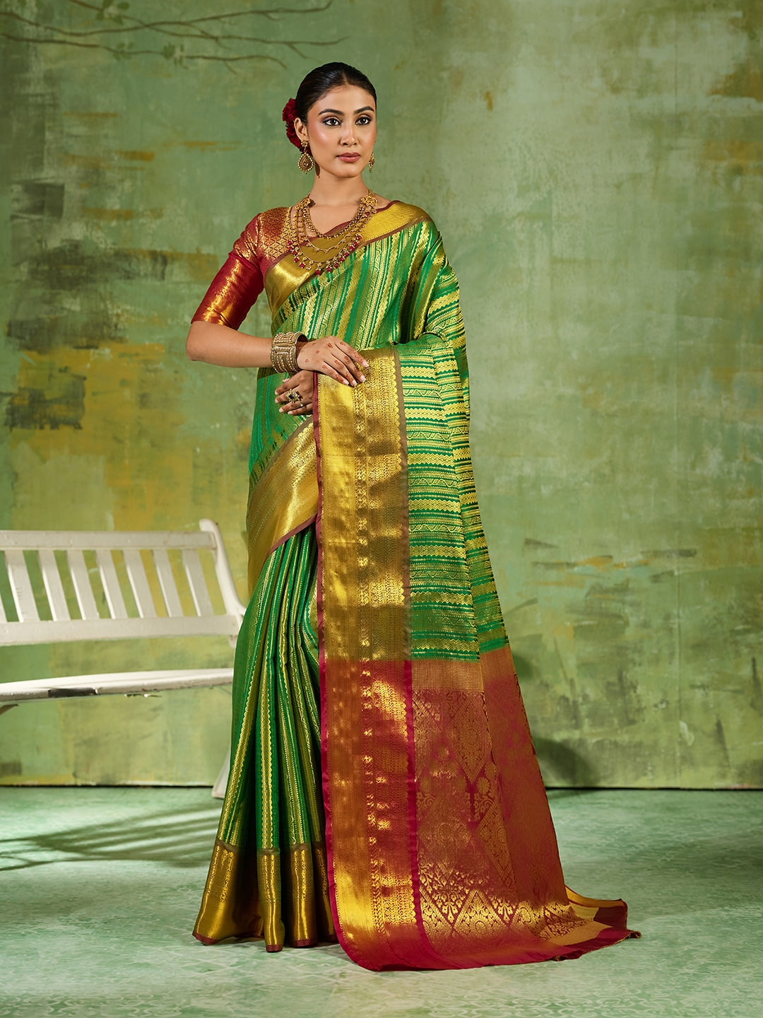 Peachmode Green Kanchivaram Silk Woven Saree - Image 1