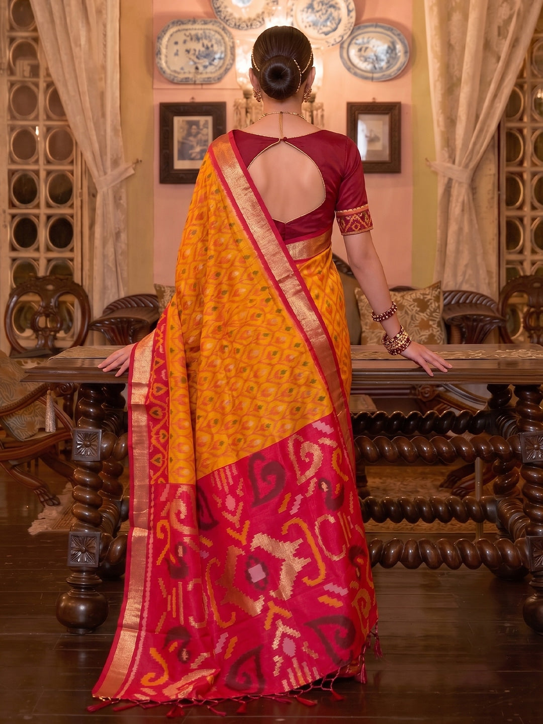 Peachmode Mustard Soft Silk Woven Saree - Image 2