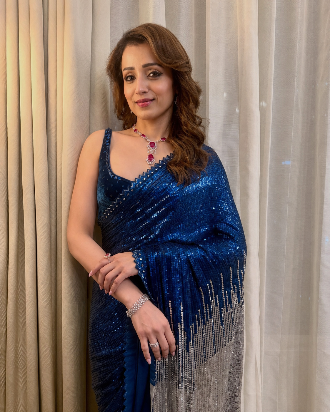 Peachmode Navy Blue Sequins Embellished Georgette Saree - Image 5