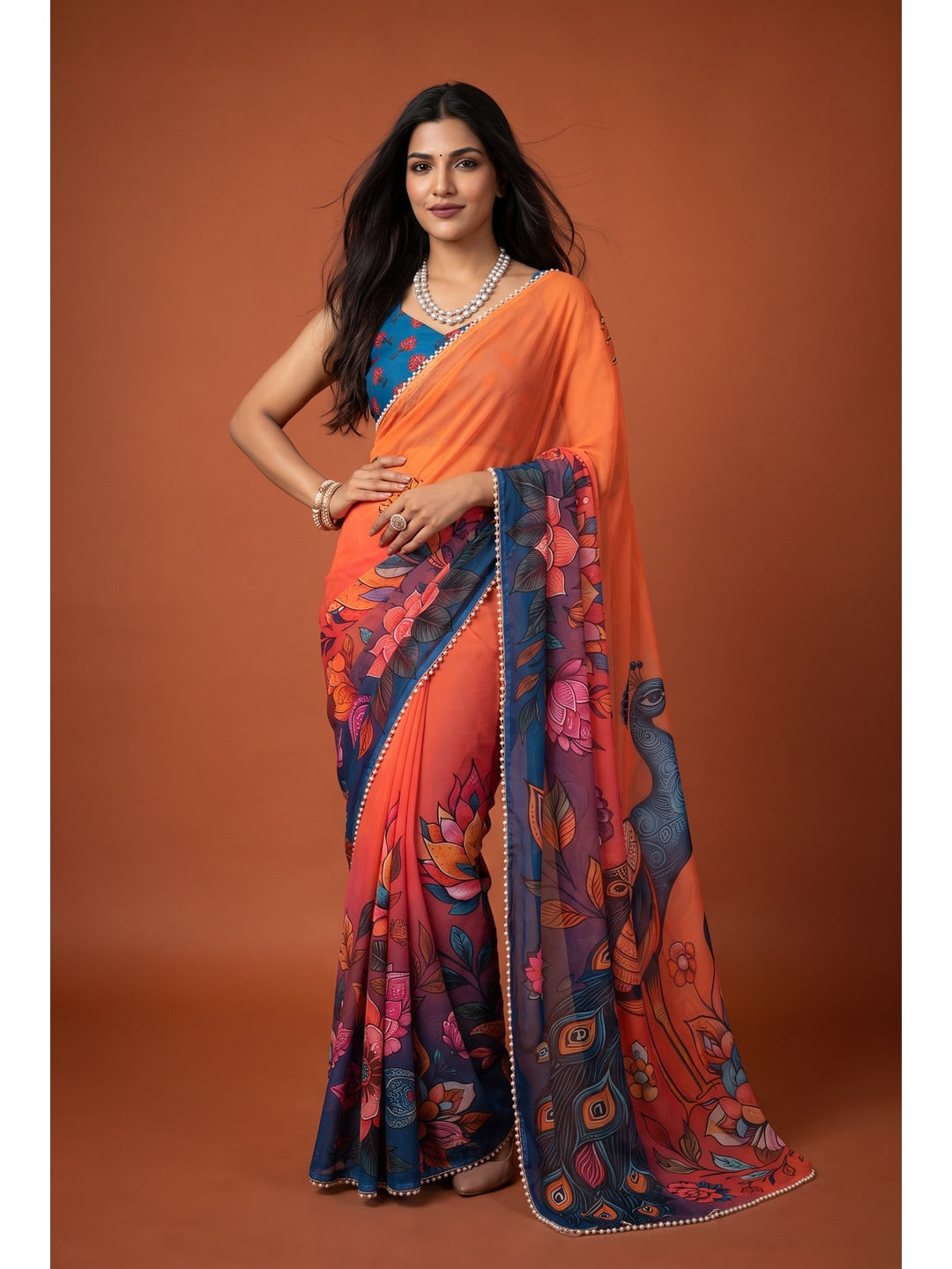 Peachmode Blue & Orange Peacock Digital Print Georgette Saree - Image 1