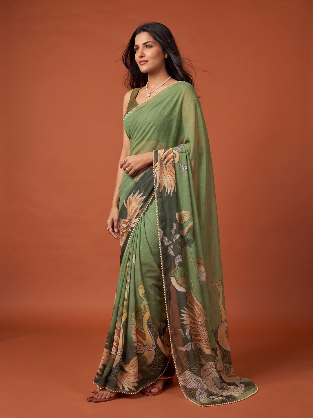 Peachmode Green Peacock Digital Print Georgette Saree - Image 4