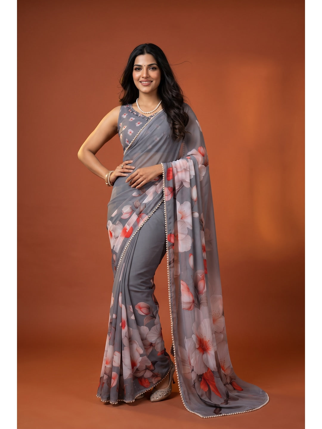 Peachmode Grey Floral Digital Print Georgette Saree - Image 1