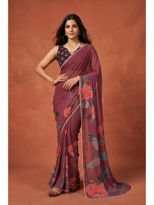 Peachmode Maroon Floral Digital Print Georgette Saree - Image 1