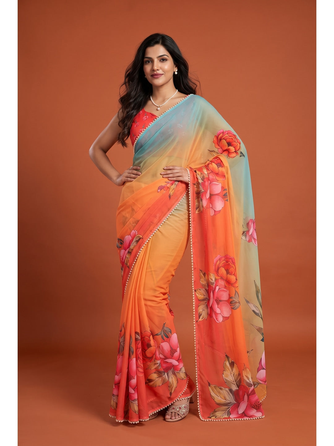 Peachmode Orange Floral Digital Print Georgette Saree - Image 1