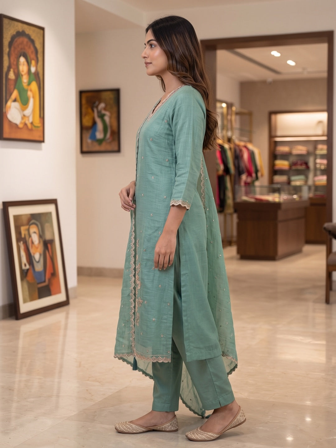 Sea Green Embellished Poly Blend Salwar Suit Set with Dupatta - Image 9