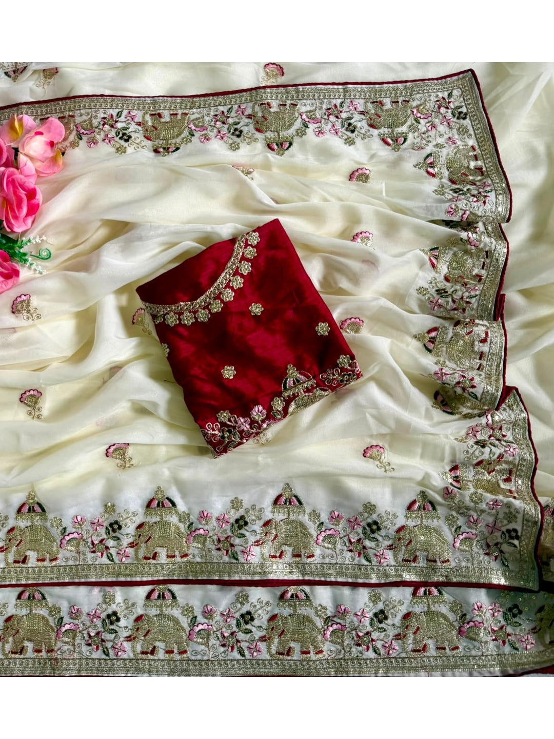 Peachmode Off White Sequin Embroidered Star Georgette Saree - Image 3