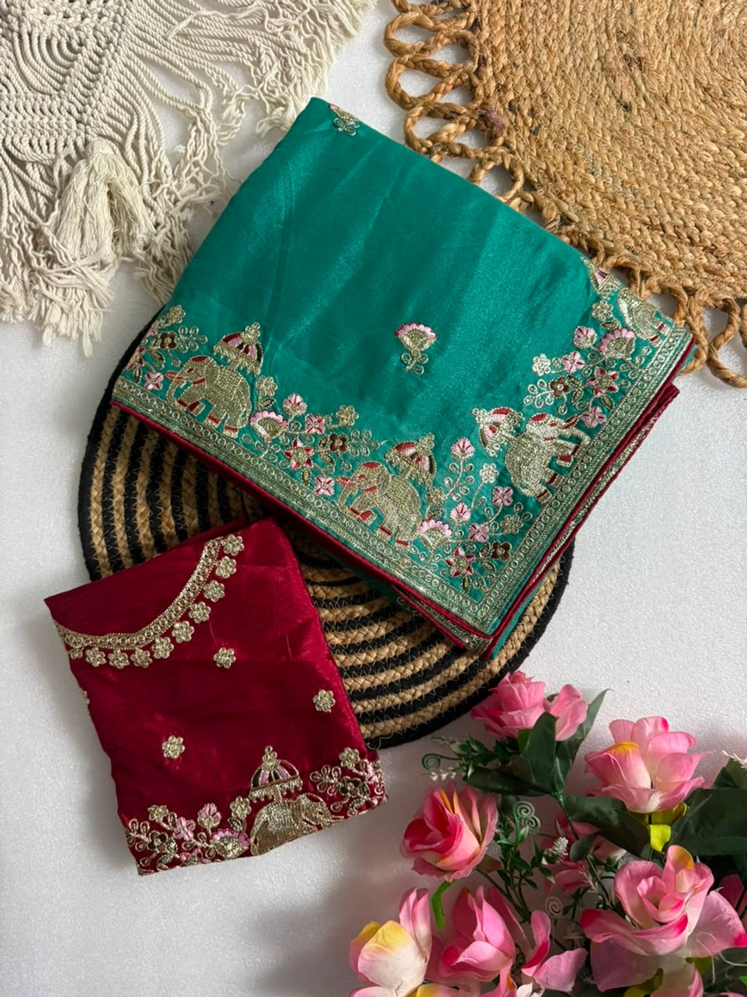 Peachmode Teal Sequin Embroidered Star Georgette Saree - Image 4