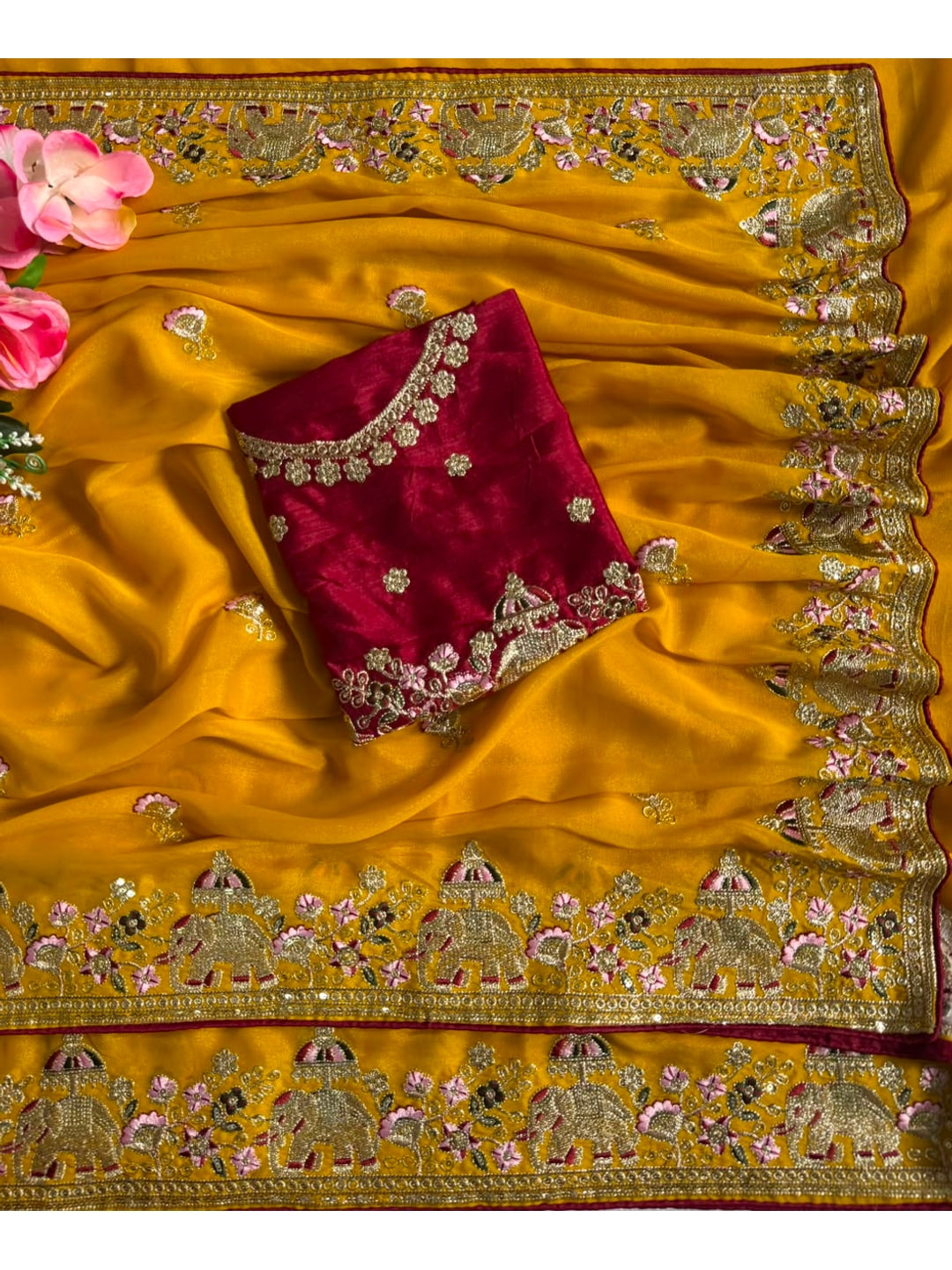 Peachmode Mustard Sequin Embroidered Star Georgette Saree - Image 2