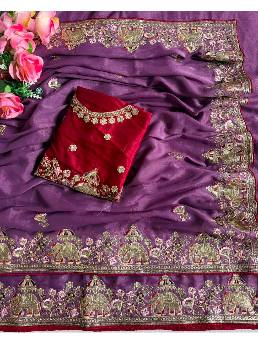 Peachmode Purple Sequin Embroidered Star Georgette Saree - Image 3