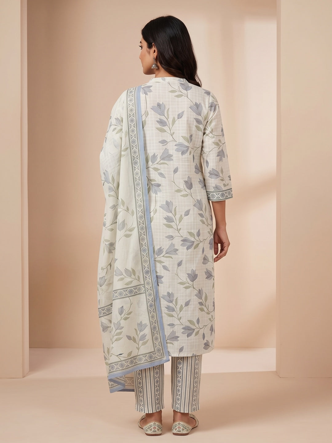 Peachmode Cream Pure Cotton Floral Printed Embroidered Salwar Suit - Image 4