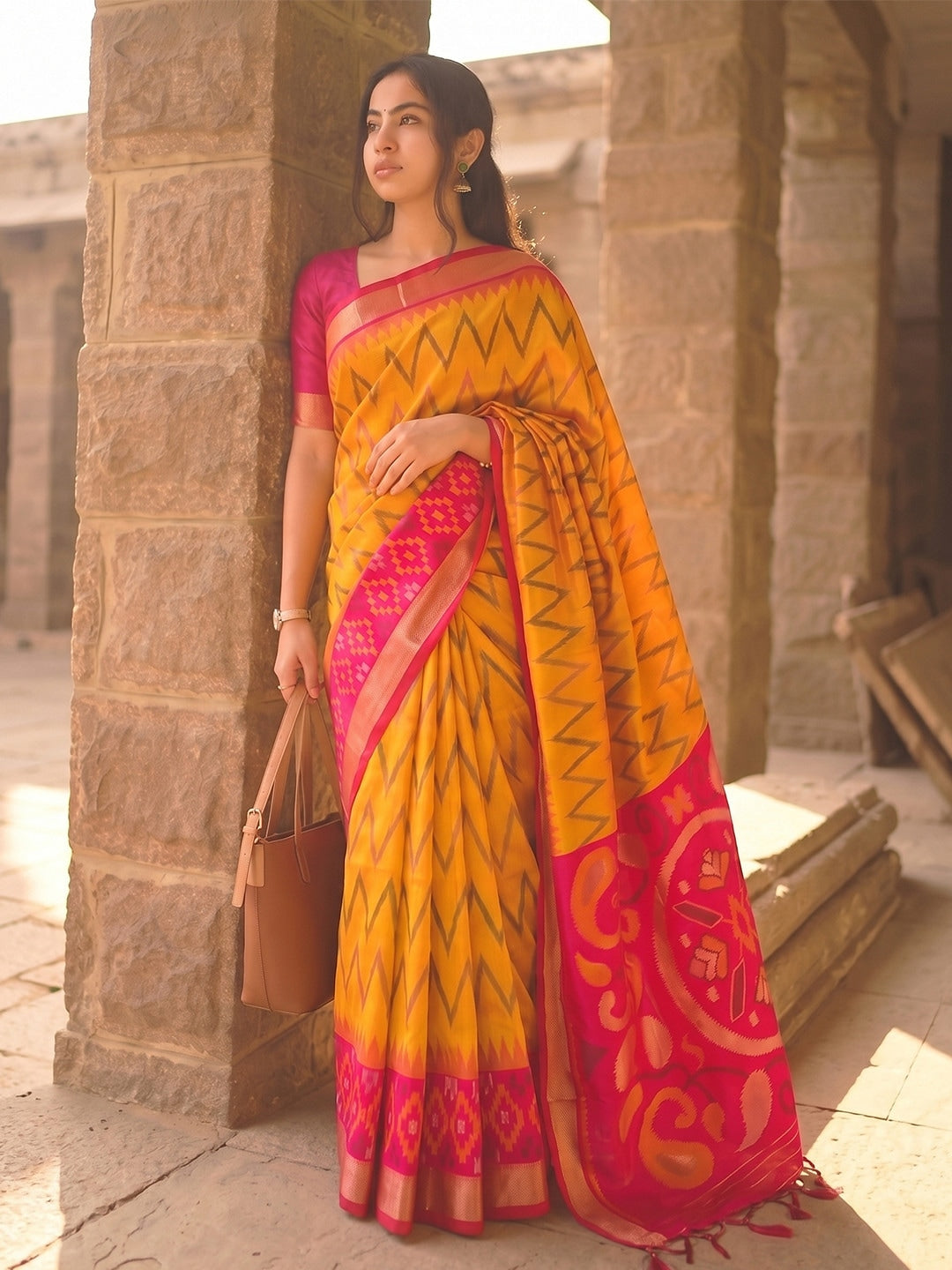 Peachmode Mustard Soft Silk Woven Saree - Image 1