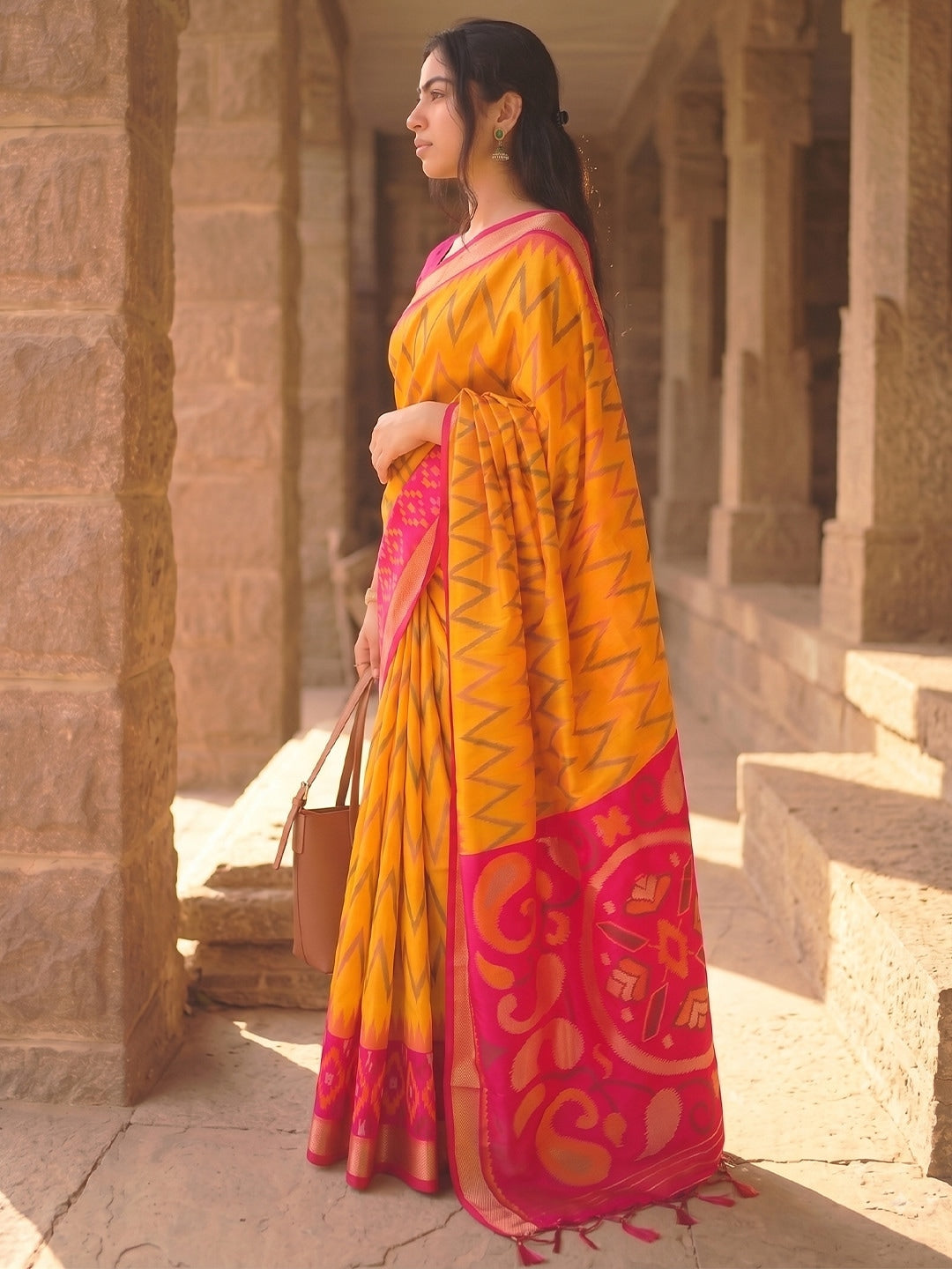 Peachmode Mustard Soft Silk Woven Saree - Image 3