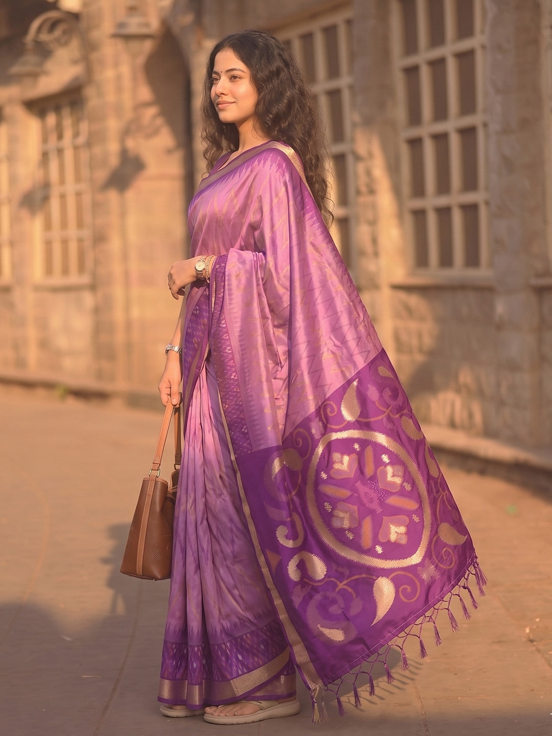 Peachmode Lavender Soft Silk Woven Saree - Image 2
