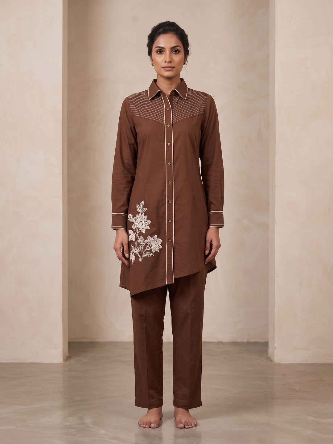 Peachmode Brown Pure Cotton Floral Embroidered Co-ord Set - Image 2