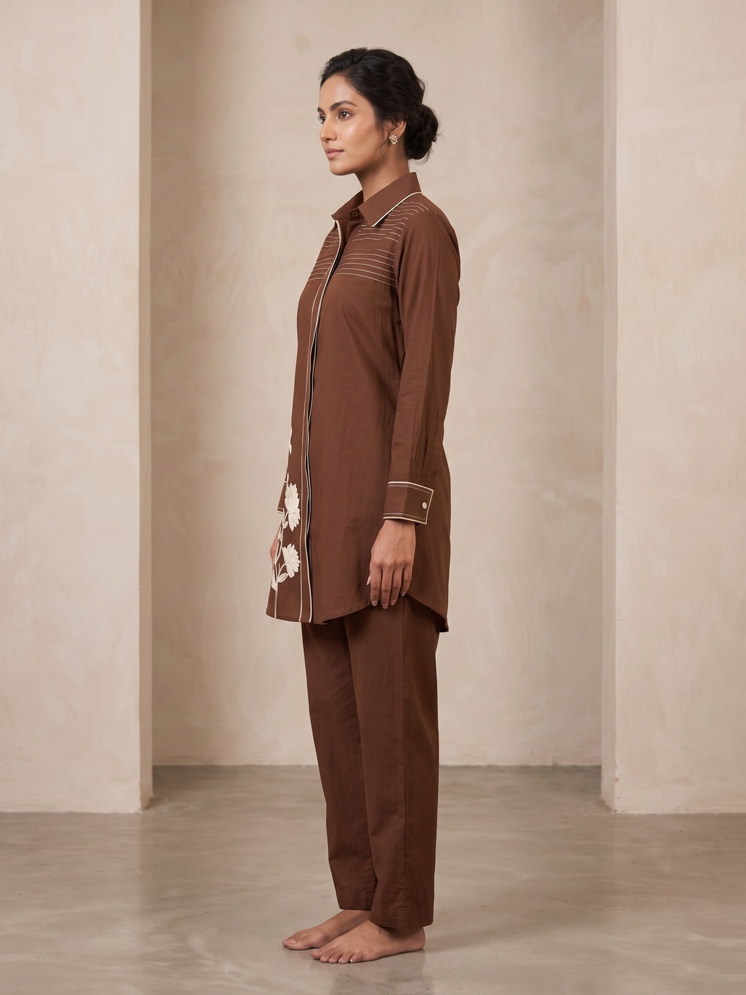 Peachmode Brown Pure Cotton Floral Embroidered Co-ord Set - Image 3