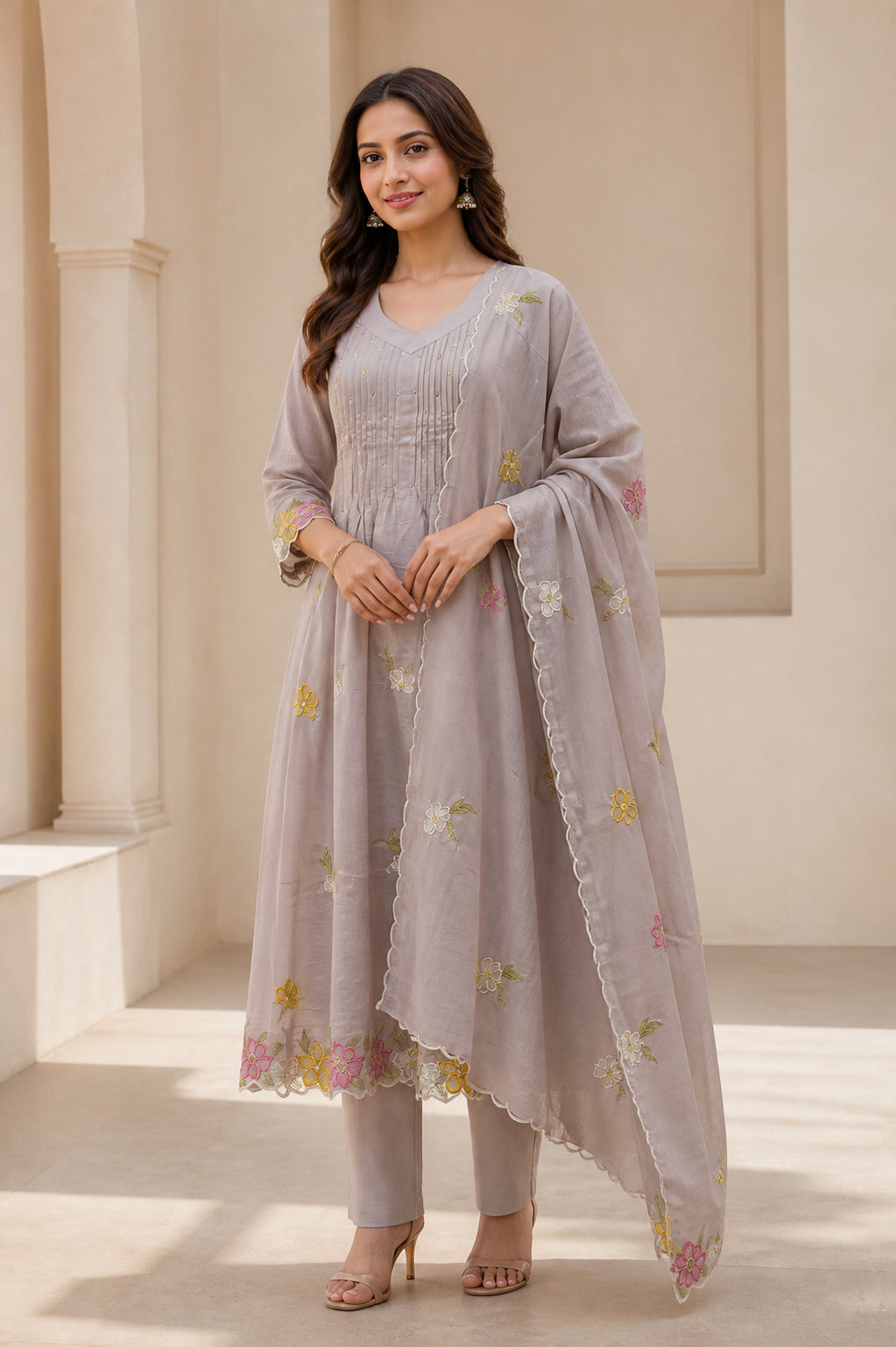 Peachmode Grey Chanderi Silk Embroidered A-Line Salwar Suit - Image 1