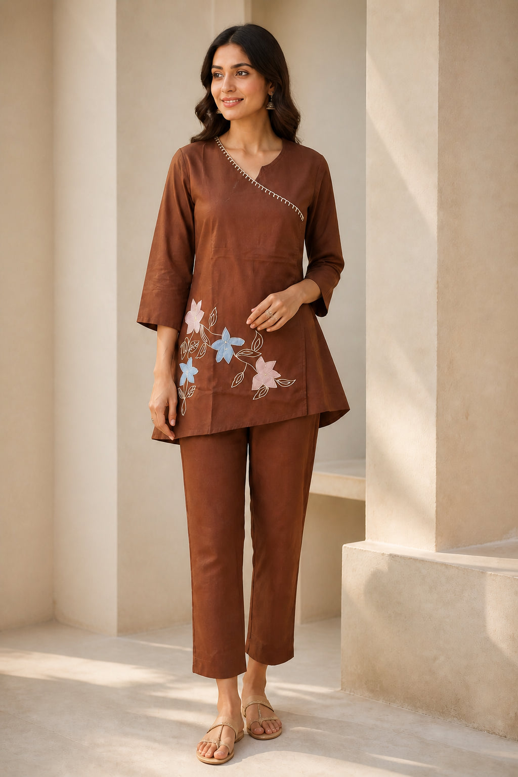 Peachmode Brown Pure Cotton Floral Applique Co-ord Set - Image 1