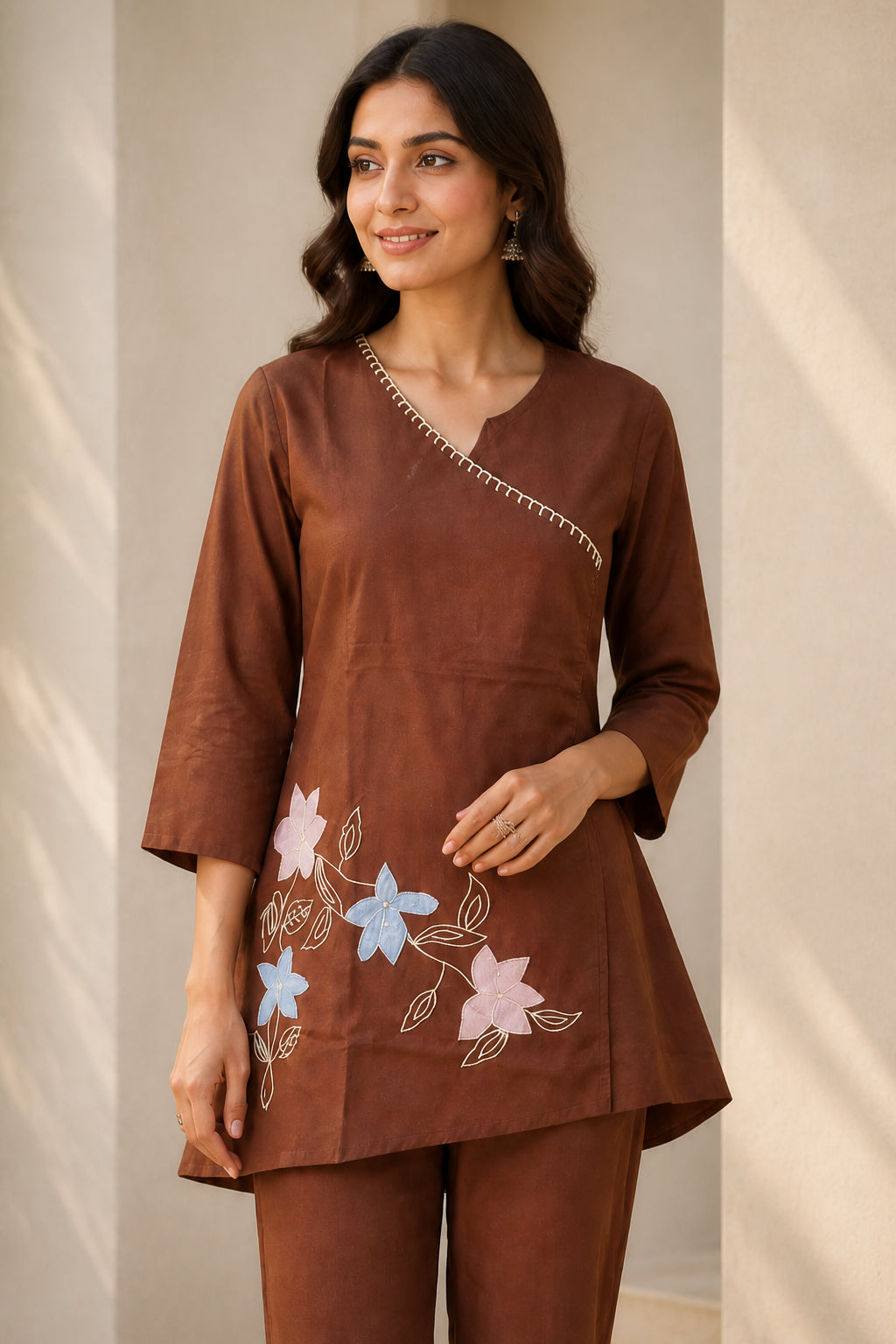 Peachmode Brown Pure Cotton Floral Applique Co-ord Set - Image 5