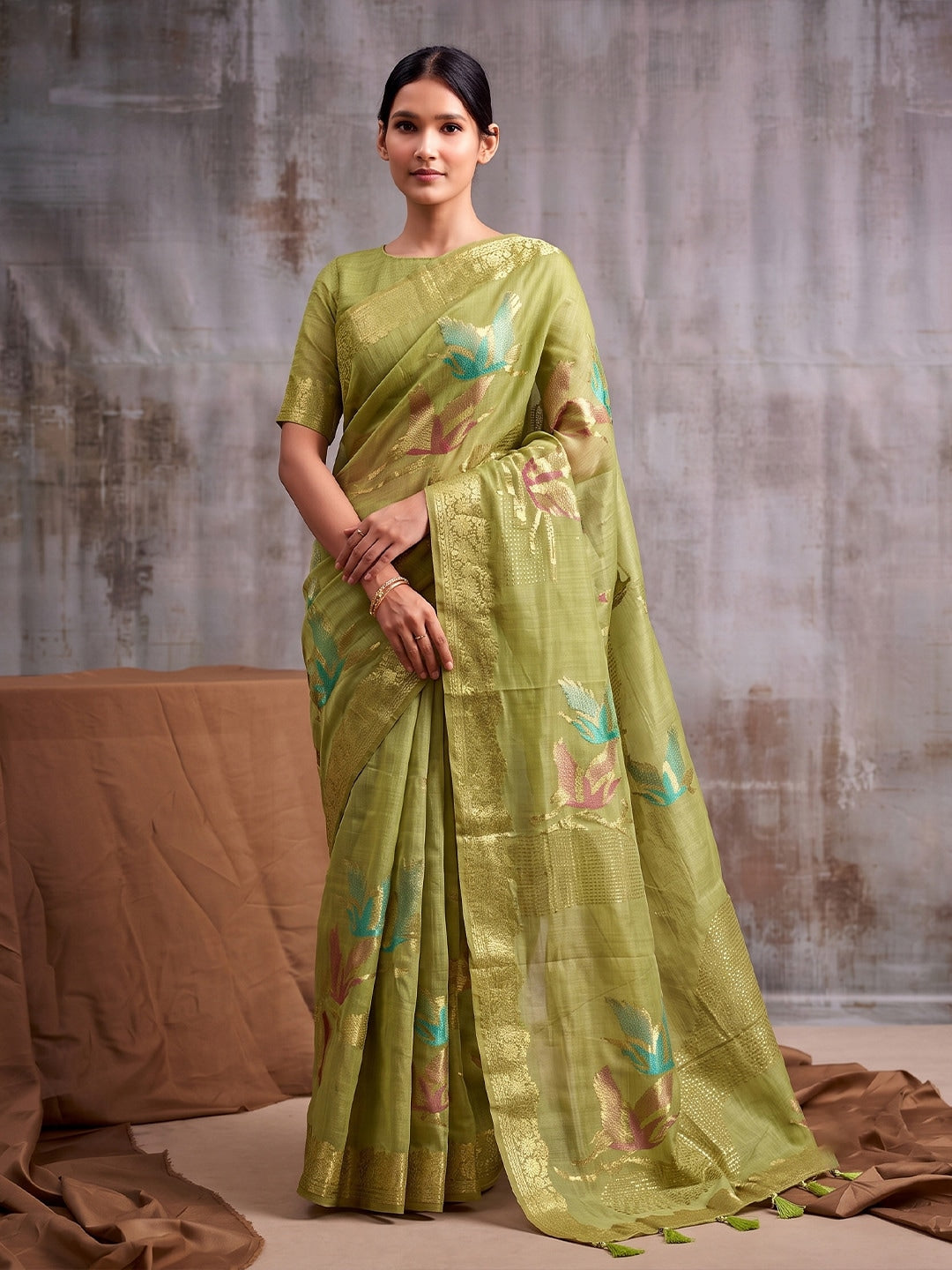 Peachmode Light Green Linen Cotton Woven Saree - Image 1