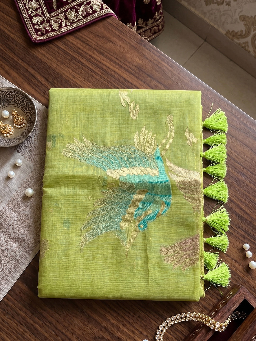Peachmode Light Green Linen Cotton Woven Saree - Image 4
