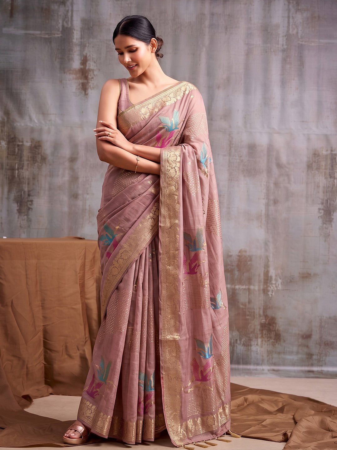 Peachmode Pink Linen Cotton Woven Saree - Image 1