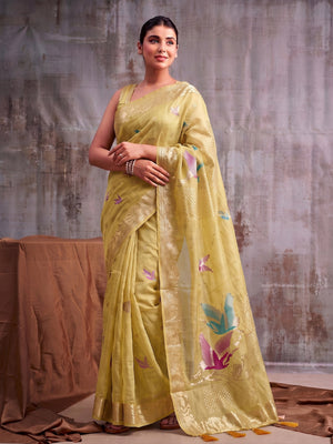 Peachmode Mustard Linen Cotton Woven Saree - Image 1