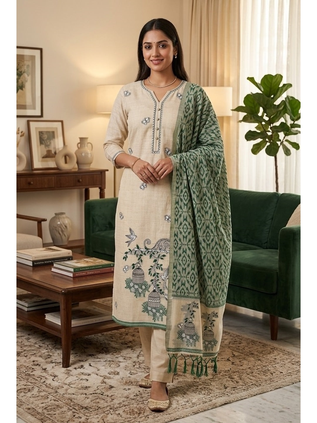 Peachmode Green Pichwai Jamdani Muga Cotton Dress Material - Image 2