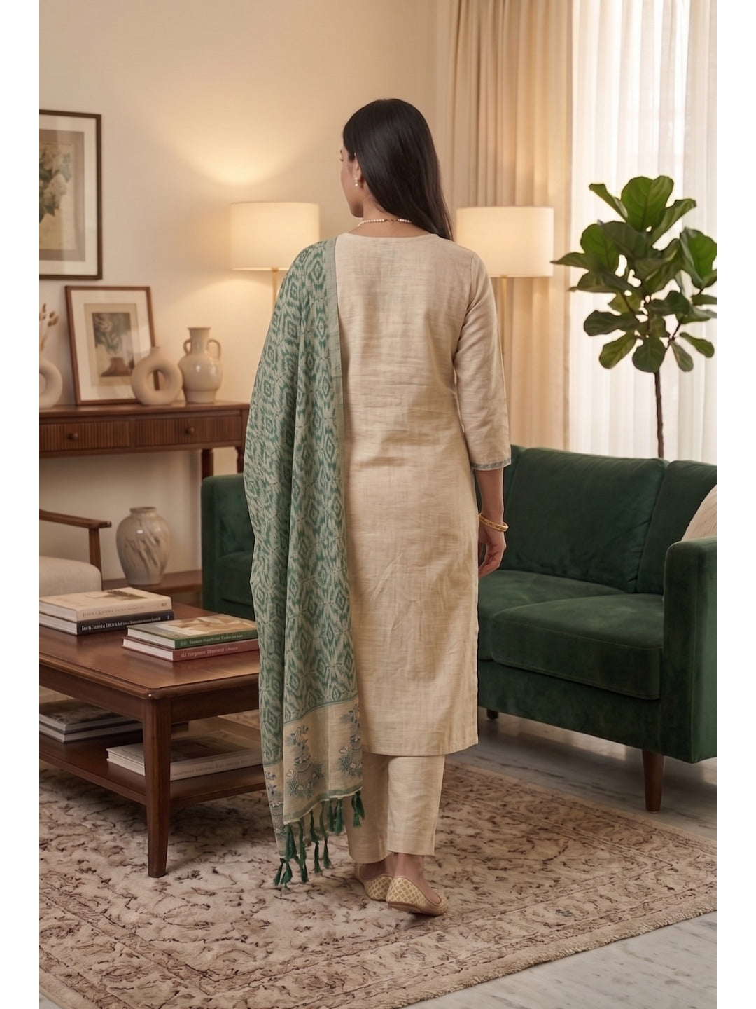 Peachmode Green Pichwai Jamdani Muga Cotton Dress Material - Image 3
