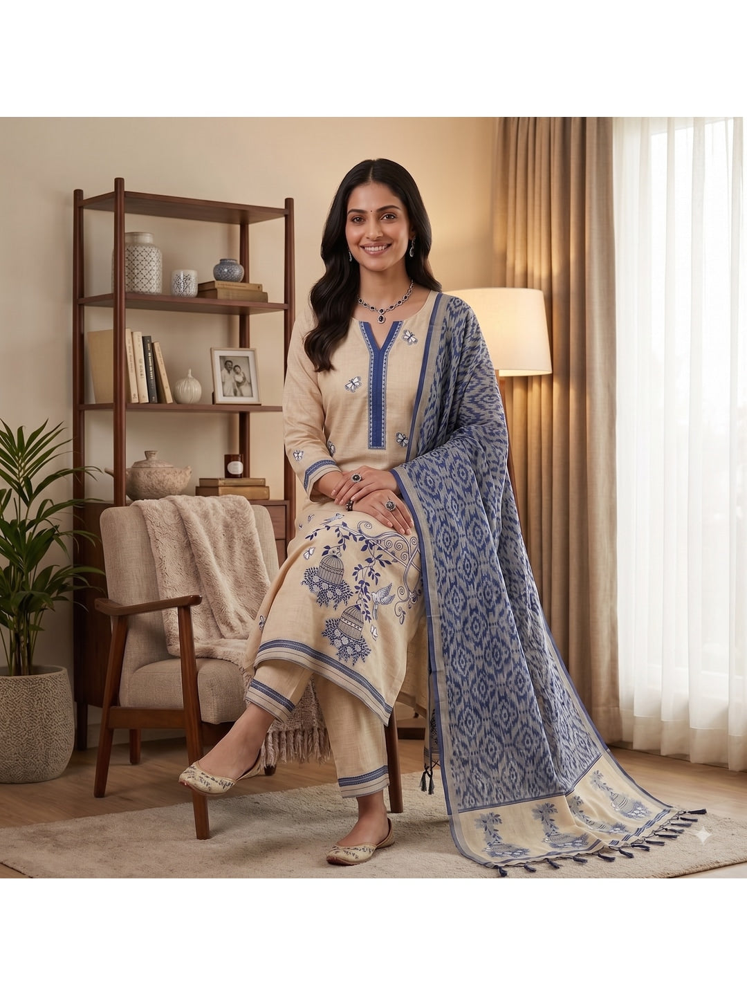 Peachmode Navy Blue Pichwai Jamdani Muga Cotton Dress Material - Image 5