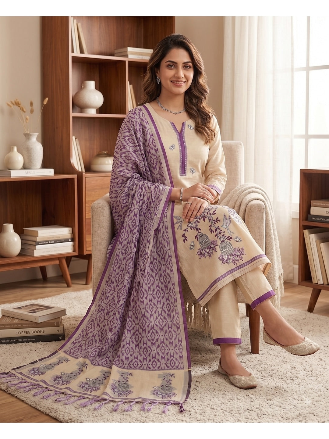 Peachmode Purple Pichwai Jamdani Muga Cotton Dress Material - Image 5