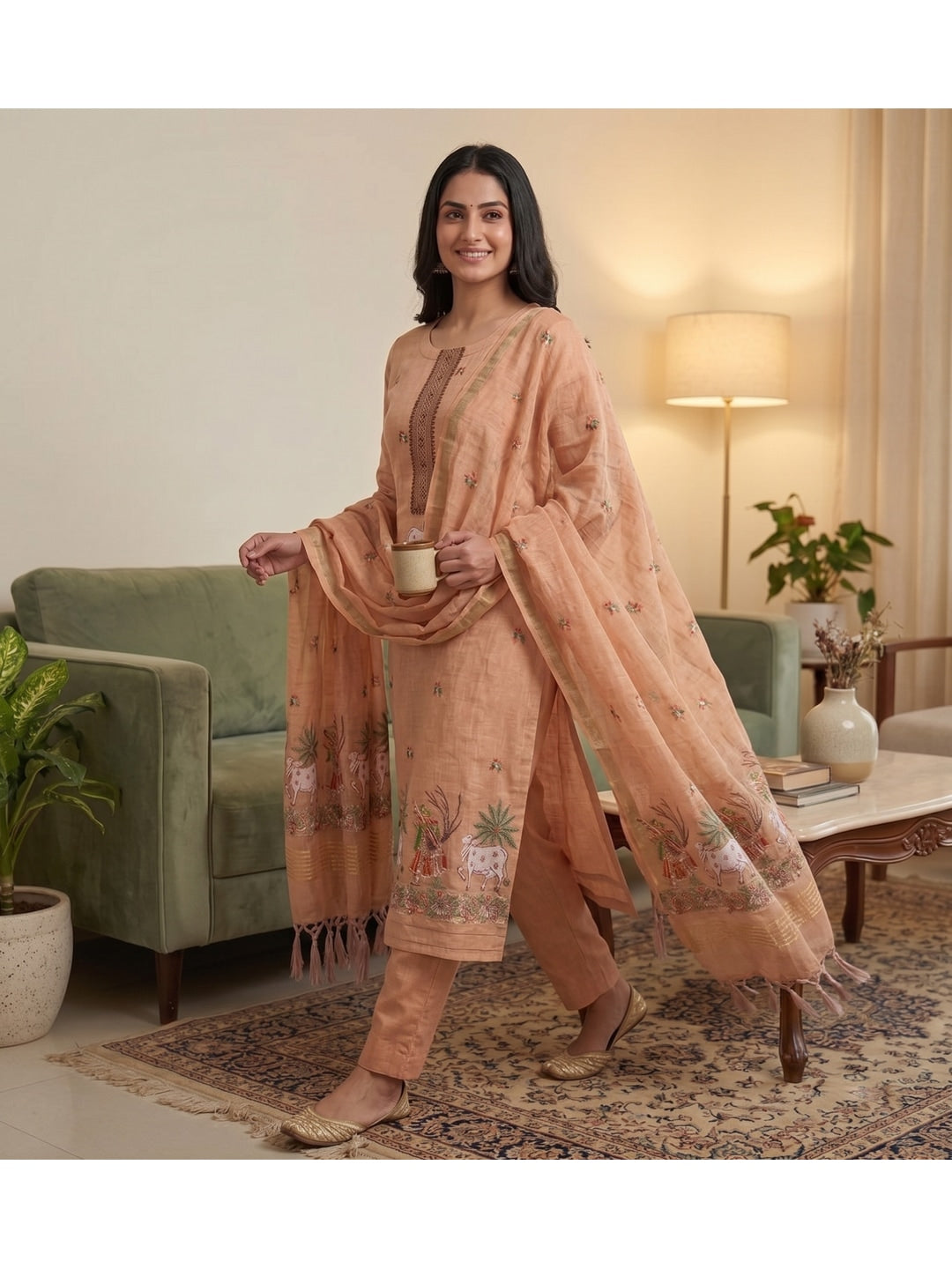 Peachmode Peach Pichwai Jamdani Muga Cotton Dress Material - Image 5