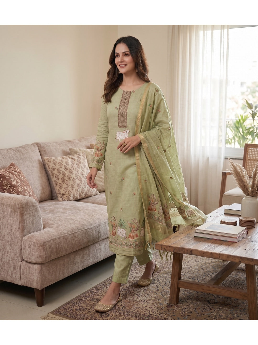 Peachmode Pista Green Pichwai Jamdani Muga Cotton Dress Material - Image 4