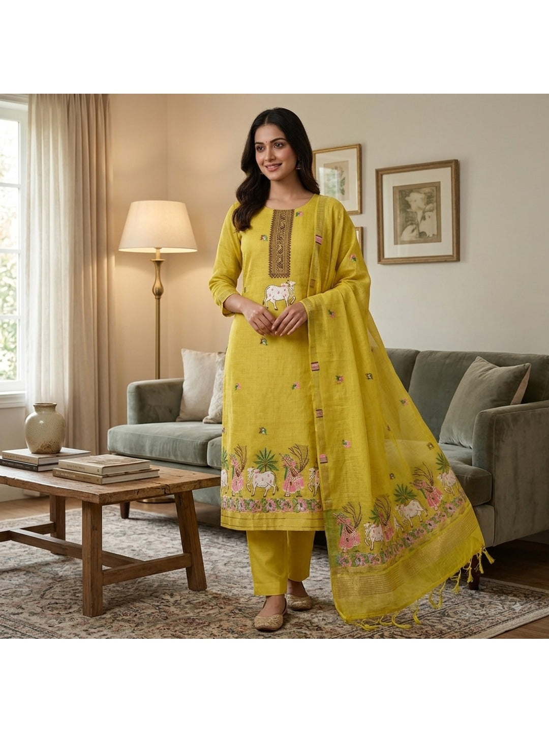 Peachmode Yellow Pichwai Jamdani Muga Cotton Dress Material - Image 2