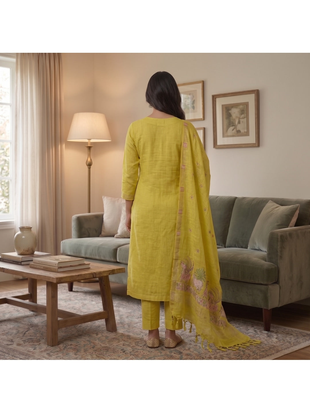 Peachmode Yellow Pichwai Jamdani Muga Cotton Dress Material - Image 3