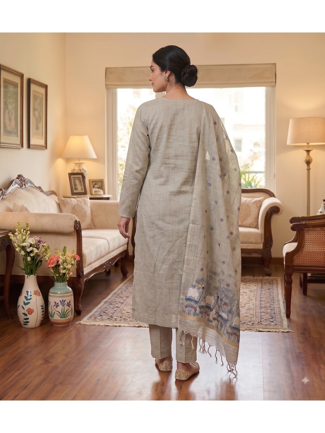 Peachmode Grey Pichwai Jamdani Muga Cotton Dress Material - Image 3